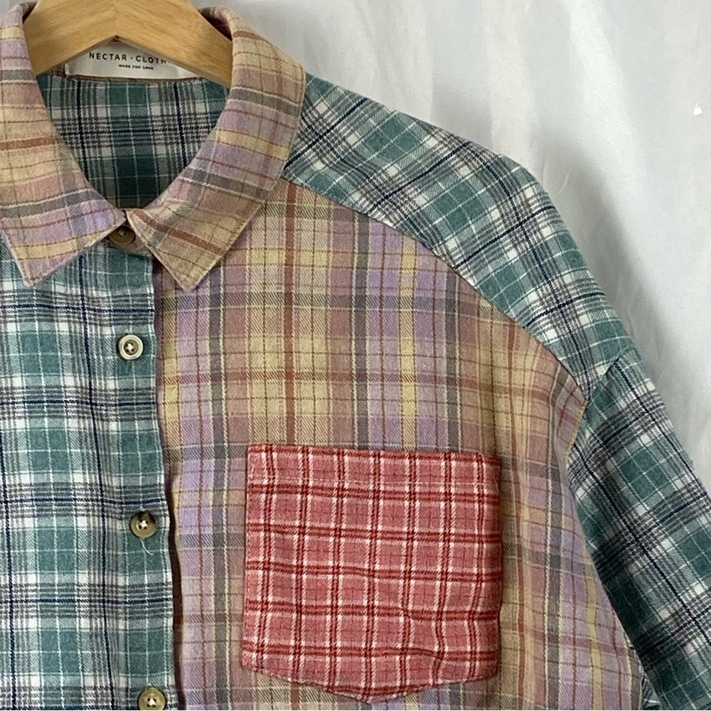 Nectar Clothing Women’s Plaid Patchwork Long Sleeve Cropped Shirt Size Small - Picture 3 of 16